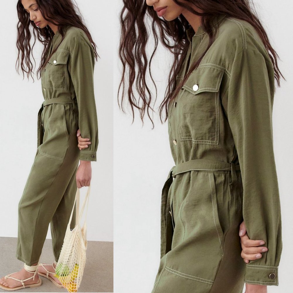 NEW Zara Olive Green Modal Long Sleeves Contrasting Topstitch Belted Jumpsuit S - Picture 4 of 9